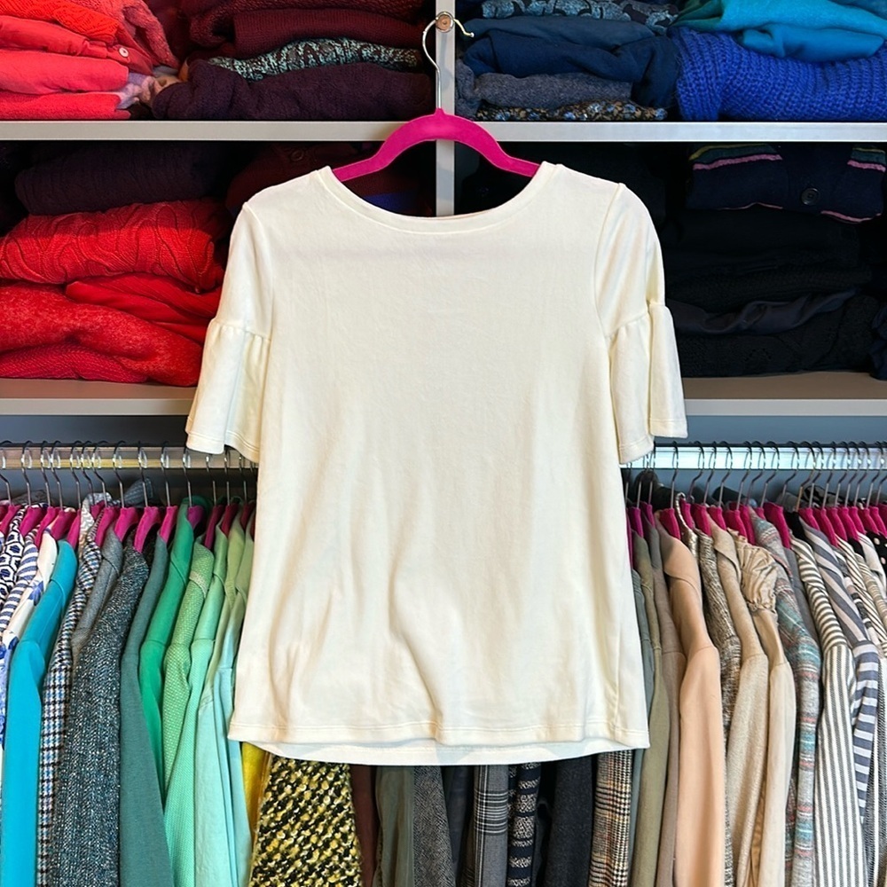 Loft ivory ruffled shirt sleeve velvet top size XS NWT